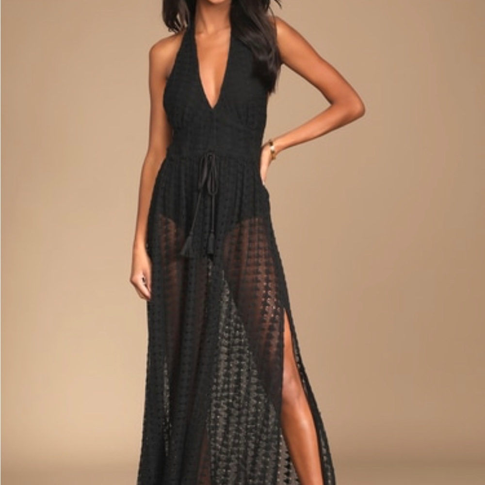 Lulus Destination Summer Black Crochet Halter Maxi Bodysuit Dress